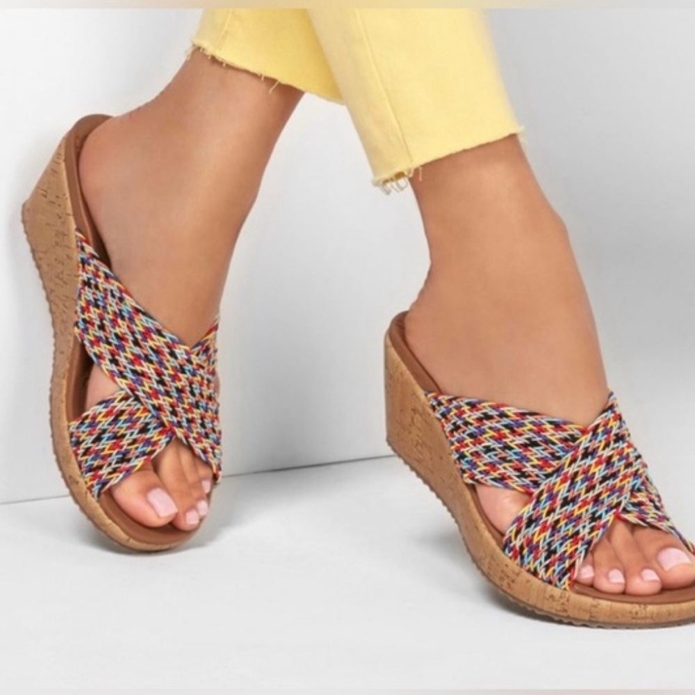 Skechers Luxe Beverlee Vacation Mode Multicolor Wedge Slide On Sandals